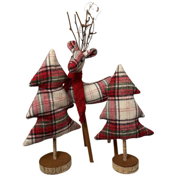 None Other - Christmas Holiday Trees and Reindeer Tartan Fabric Indoor  Decoration